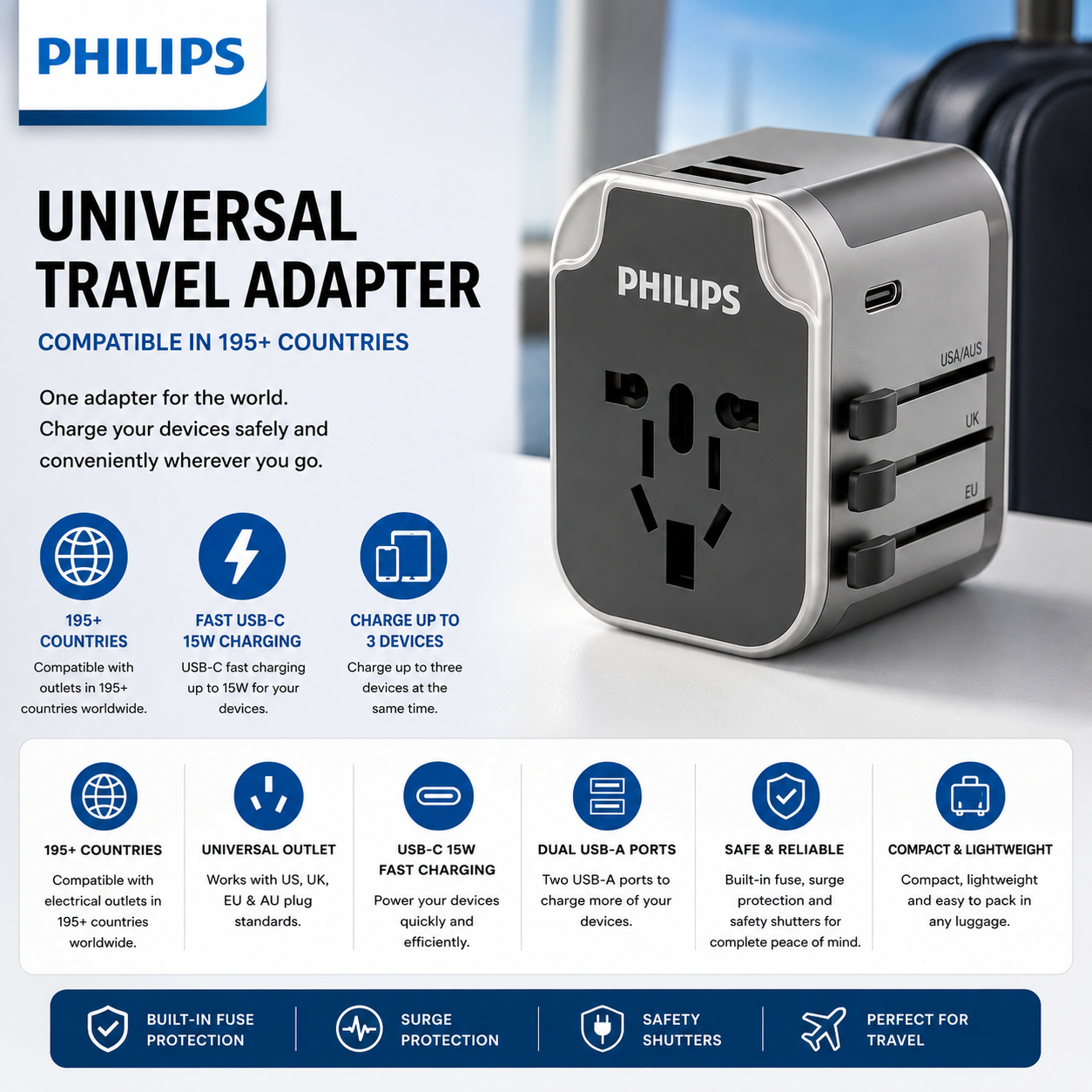 FlyReady Universal Travel Adapter with USB-C